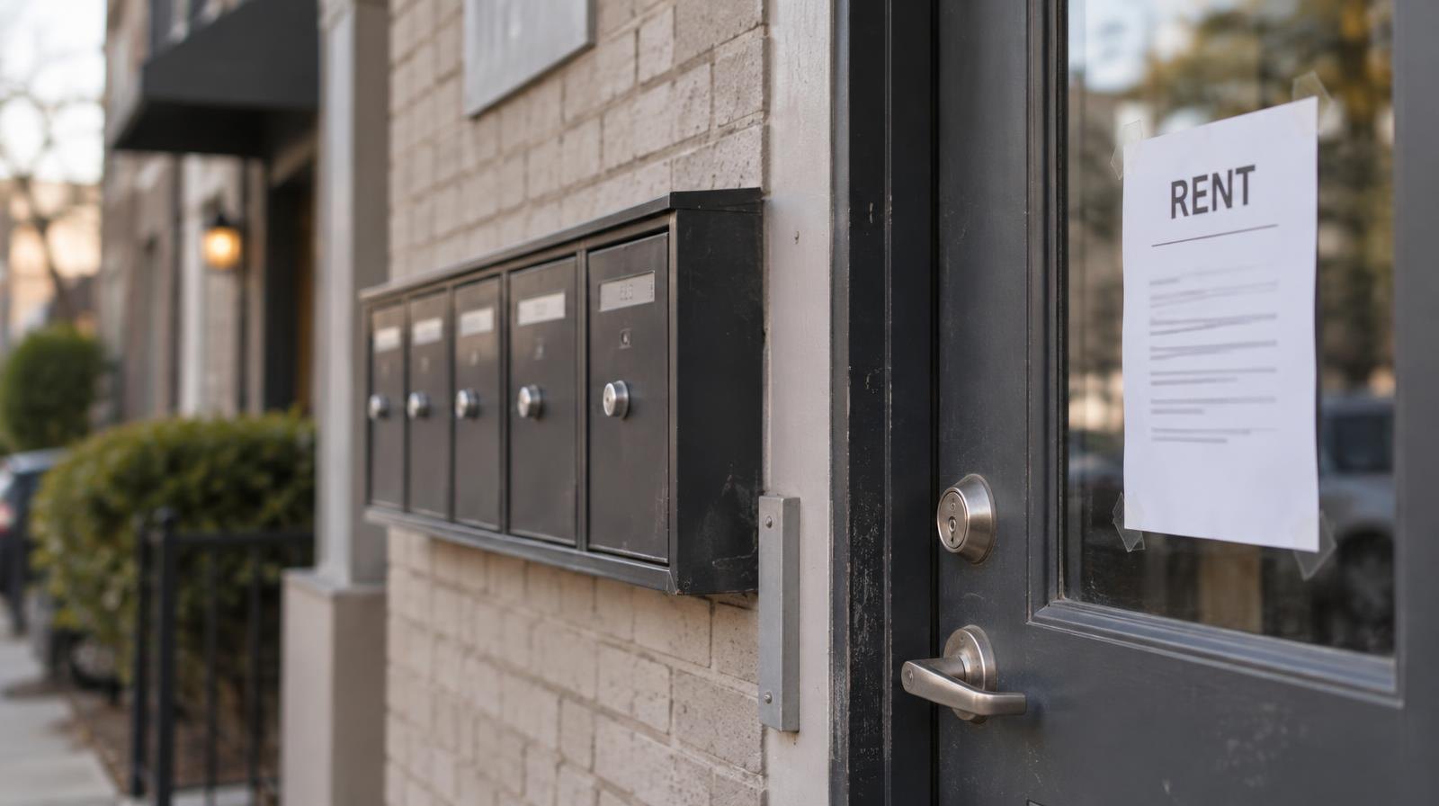 Apartment building exterior with a row of mailboxes beside a door.