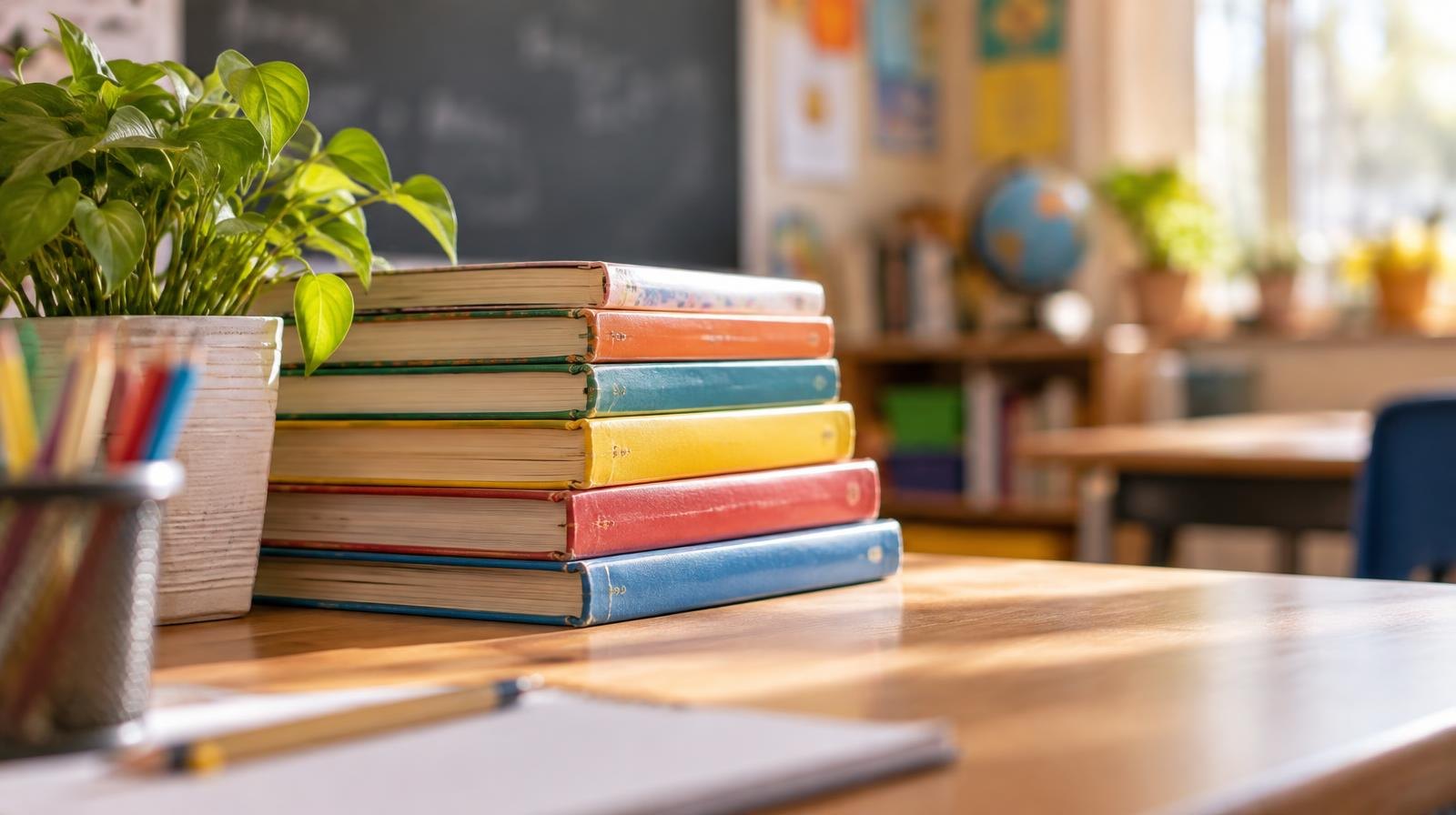 A stack of colorful children's books on a wooden desk in a bright classroom.