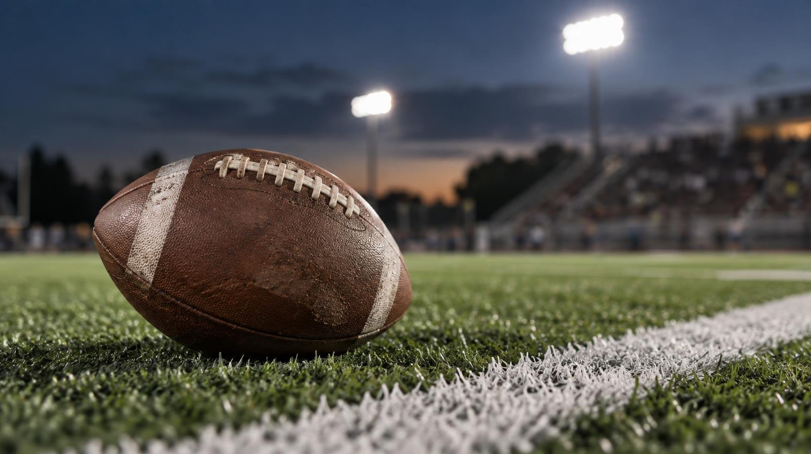 An American football resting on green artificial turf beside a white yard line.