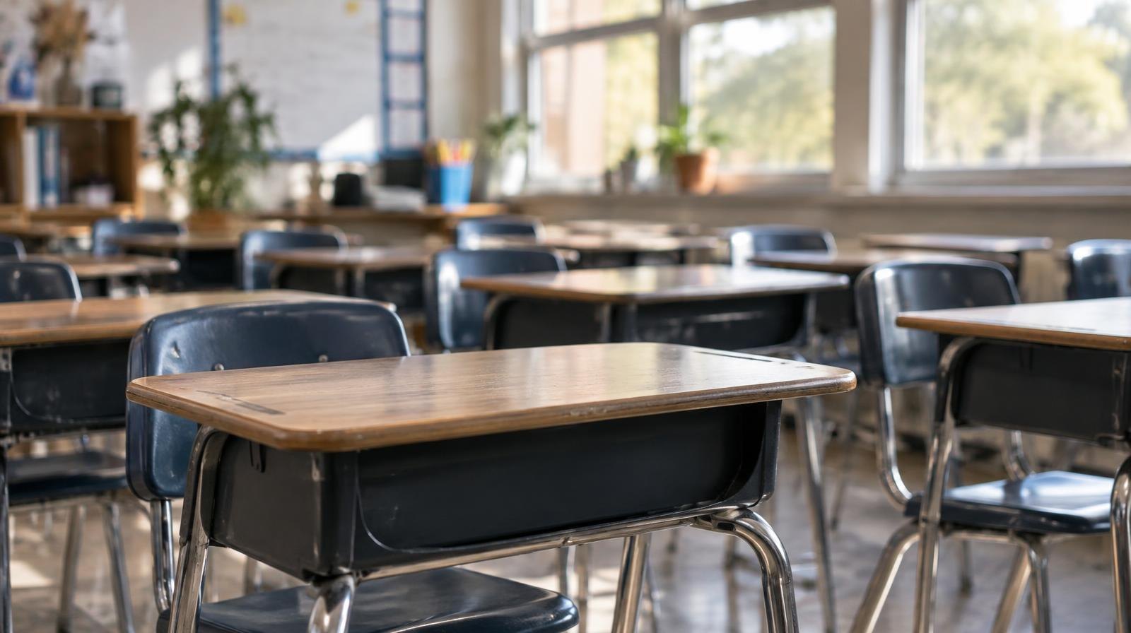 Rows of empty student desks in a bright classroom with large windows.
