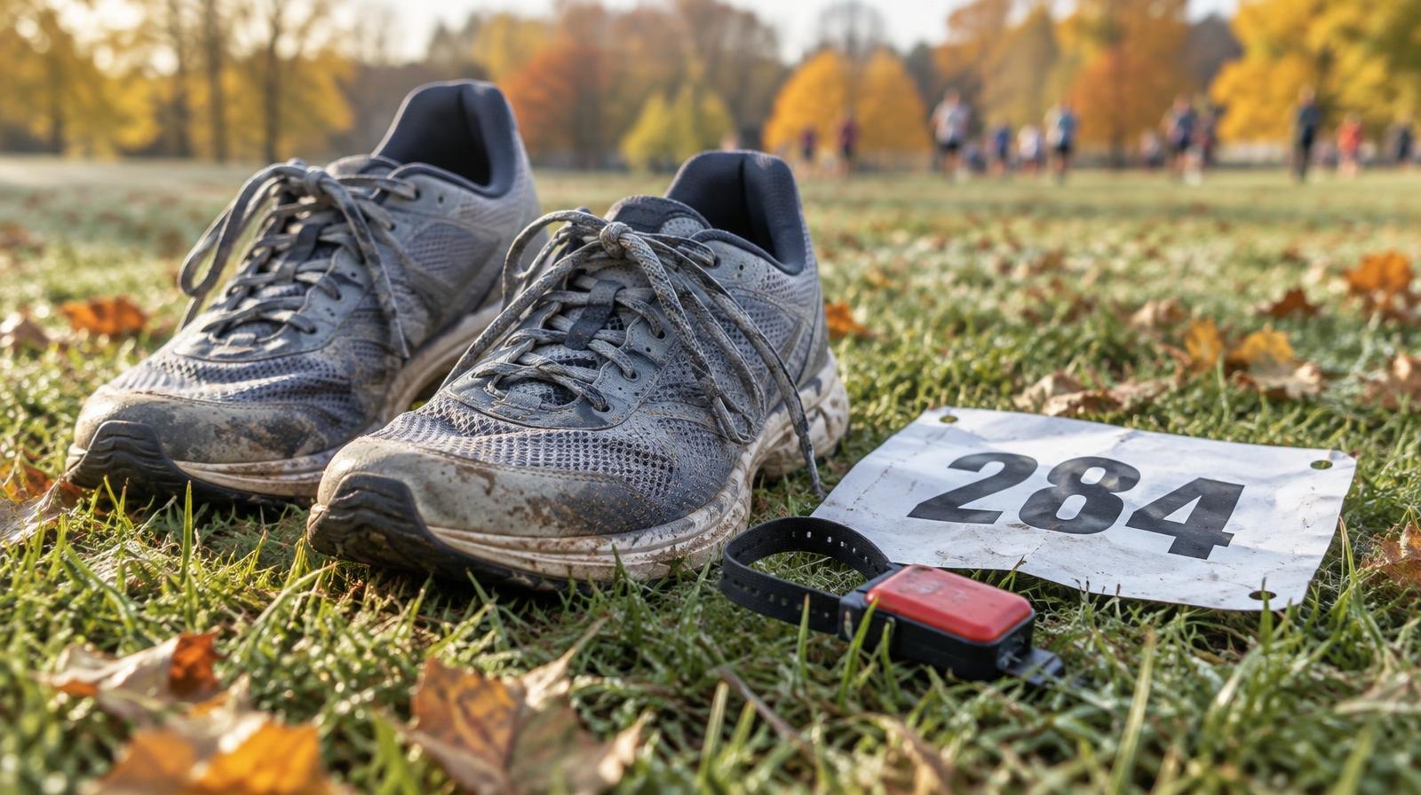 Running shoes and a race timing chip on a grass course in morning autumn light.