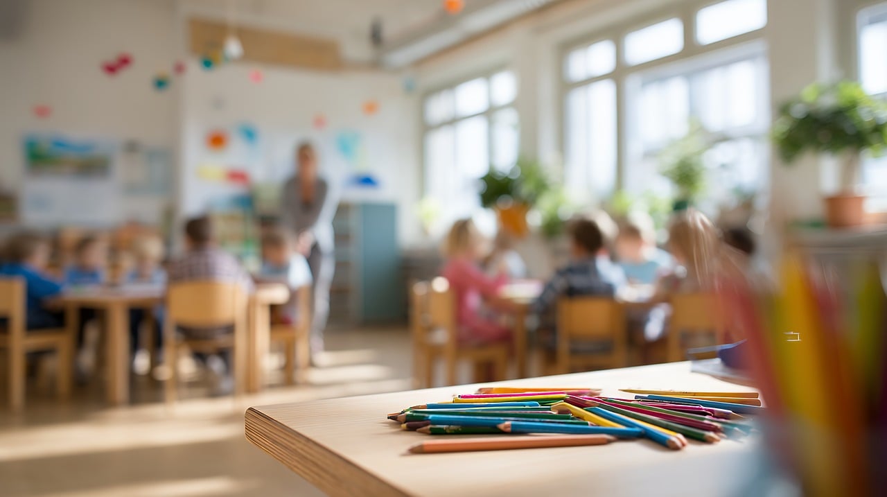 Colored pencils on a classroom table, with children and an adult blurred in the background.