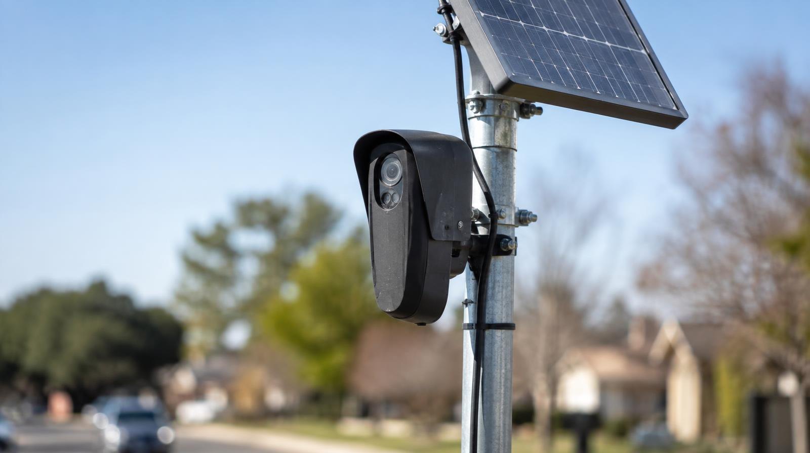 An automated license plate reader camera mounted on a metal pole with a solar panel against a clear sky.