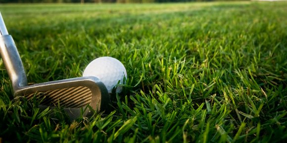 A golf club iron resting beside a white golf ball on green grass.