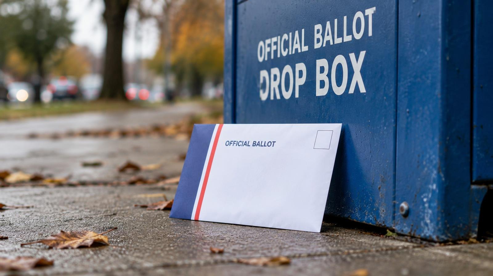 A white envelope resting next to a blue ballot drop box on a sidewalk.