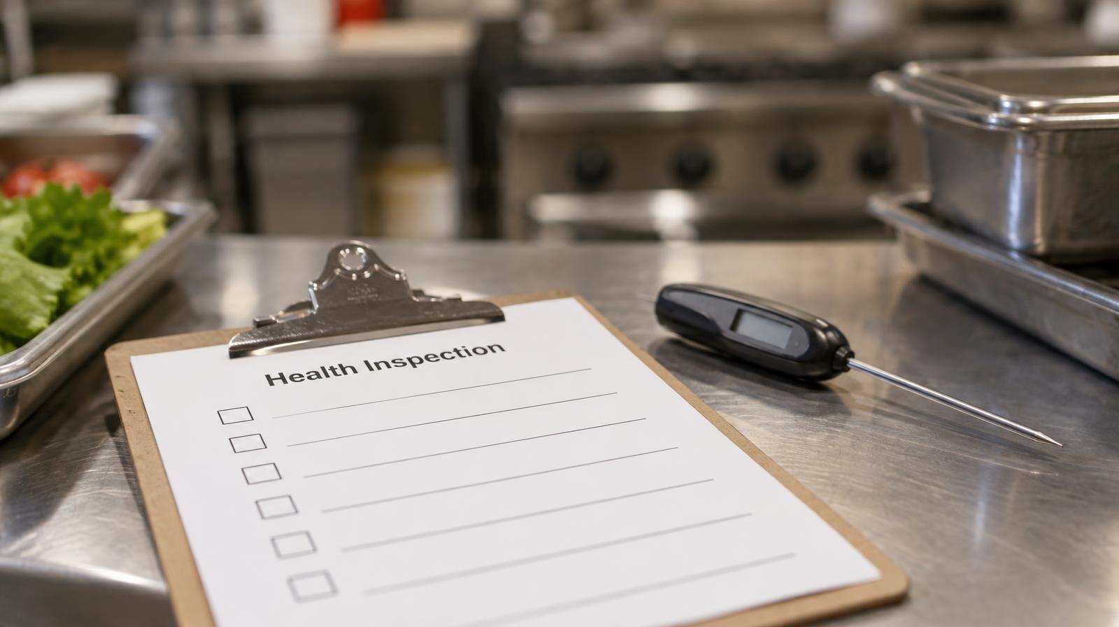 A clipboard with a checklist and a thermometer on a stainless steel counter.