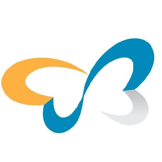 Stylized butterfly logo with orange and teal wings on a white background.