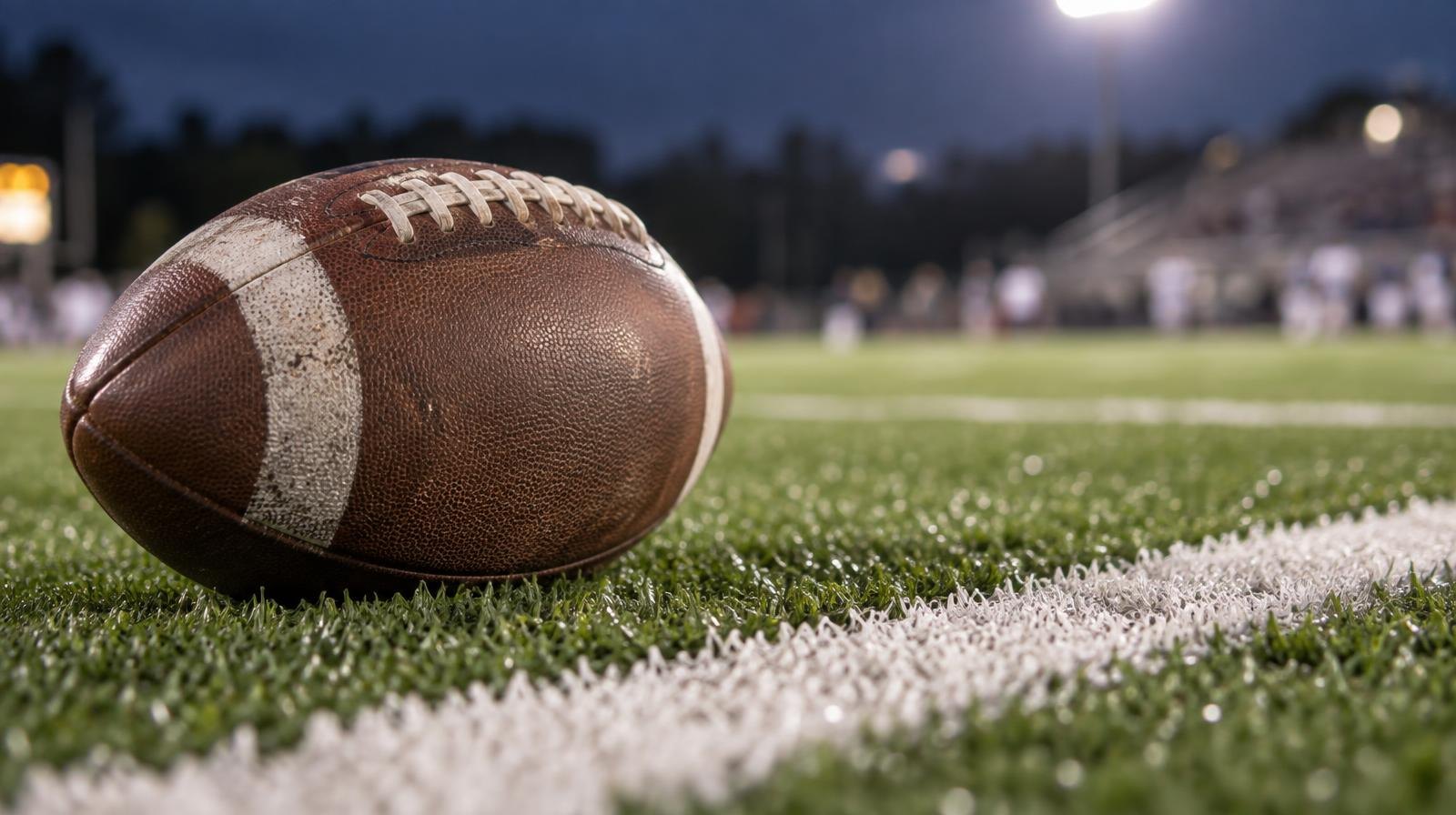An American football resting on green artificial turf beside a white yard line.