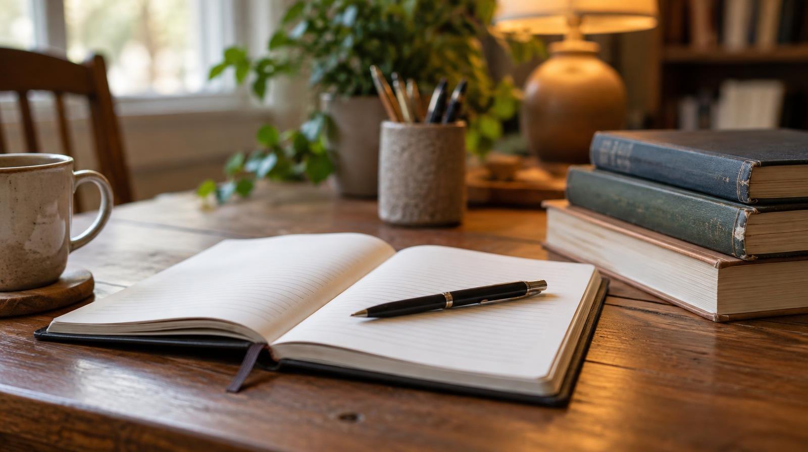 Open notebook with a pen resting on it, surrounded by stacked books on a wooden desk.