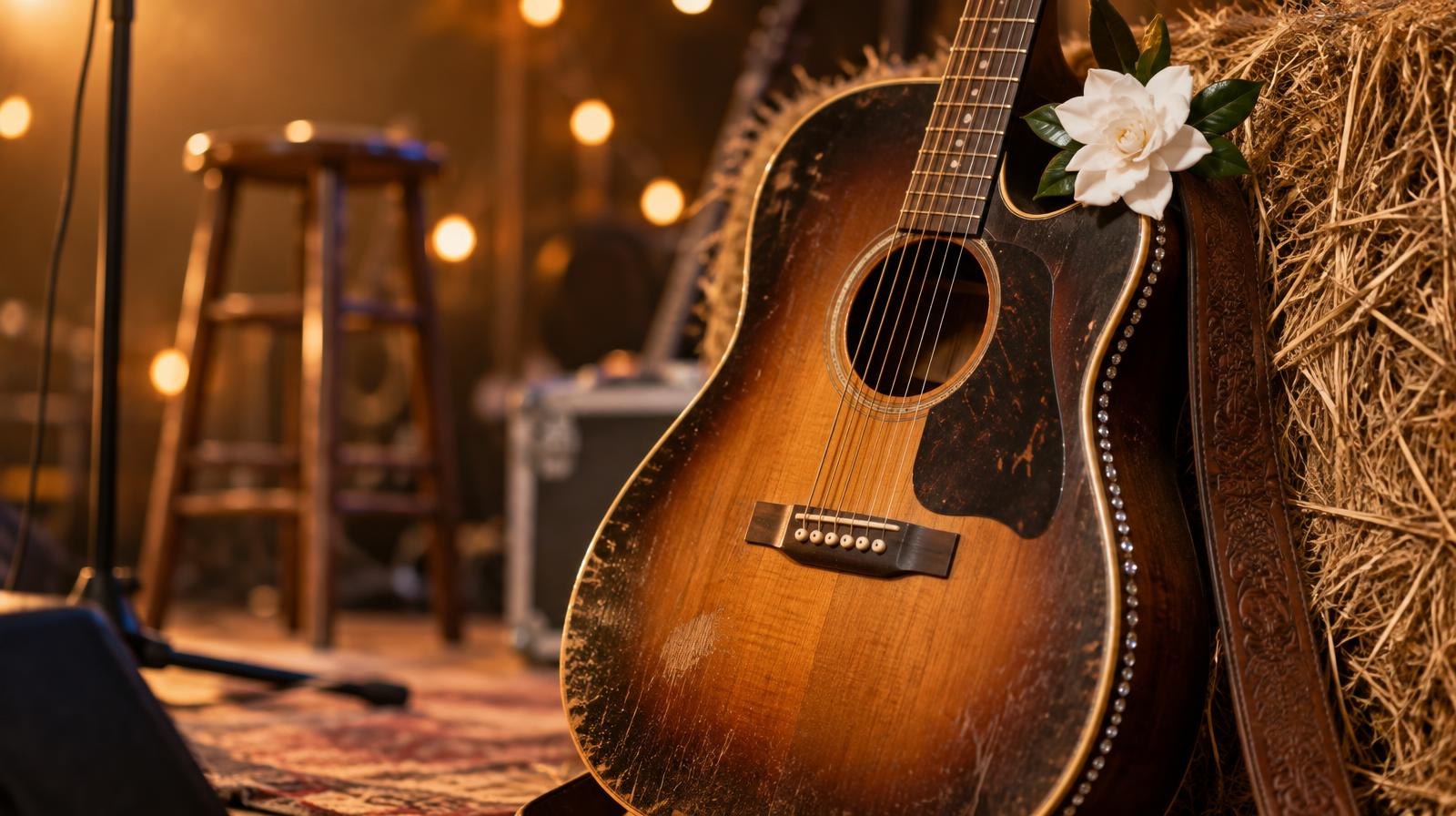 Acoustic guitar resting against a rhinestone-decorated hay bale under warm stage lighting.