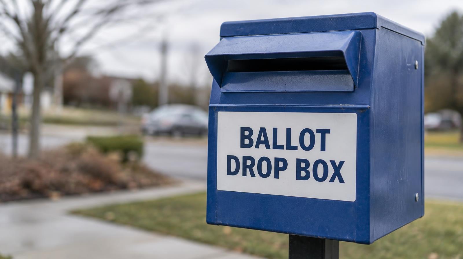 A ballot drop box with a slot opening mounted on a post outdoors.
