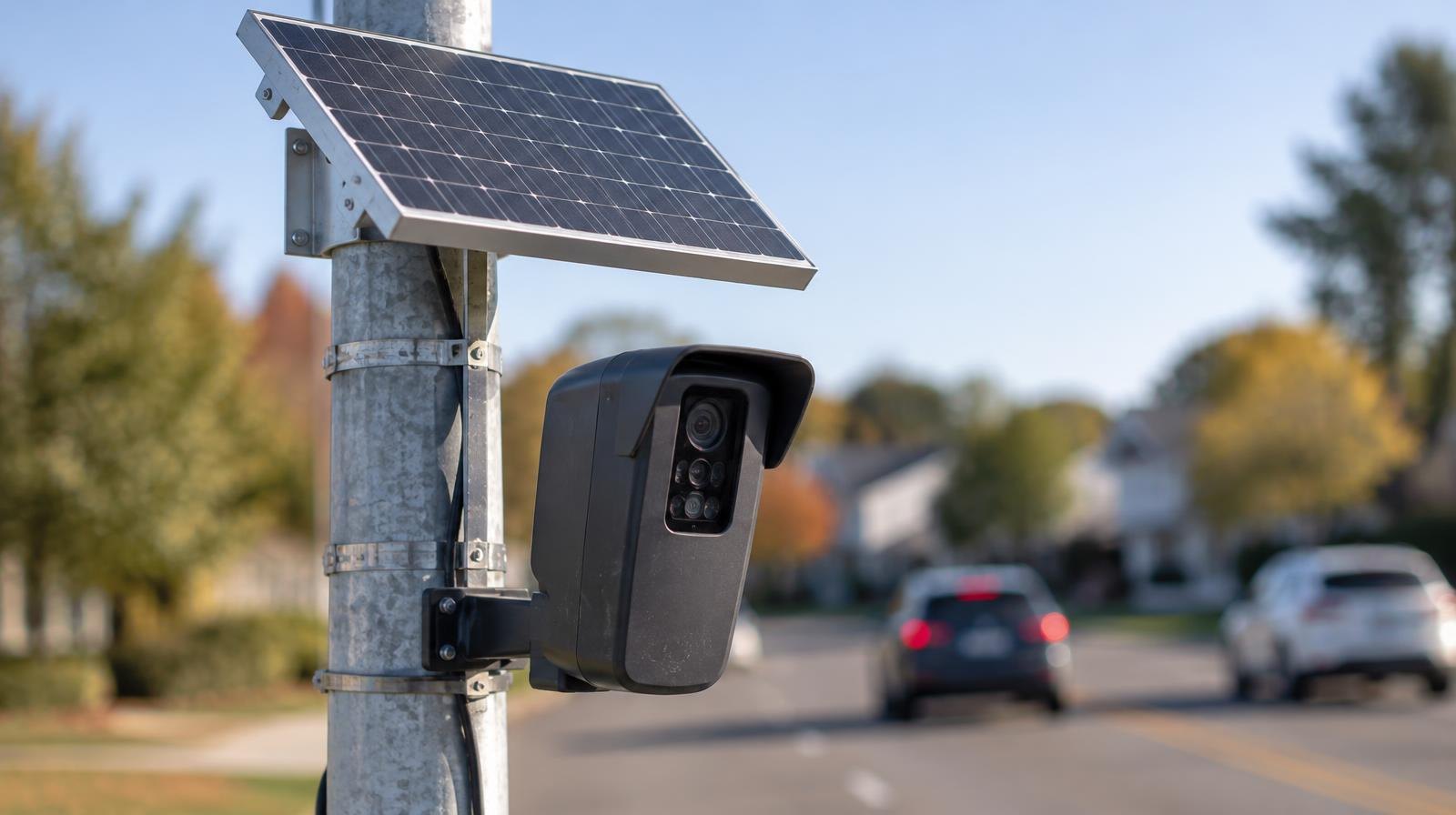 A solar-powered automated license plate reader camera mounted on a metal pole beside a road.