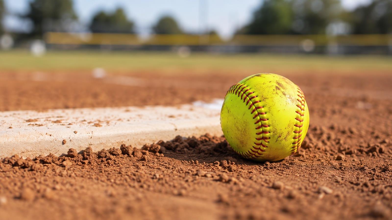 A yellow softball resting on red clay dirt beside a white pitcher's plate.