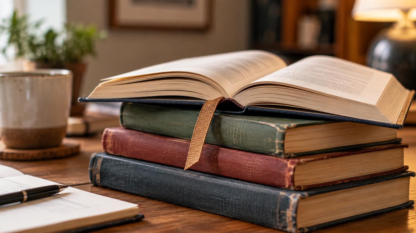 A stack of open and closed hardcover books on a wooden surface with a bookmark.