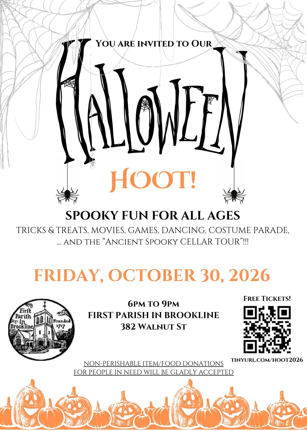 Halloween-themed event flyer with spider webs, pumpkins, and spiders announcing the Halloween Hoot.