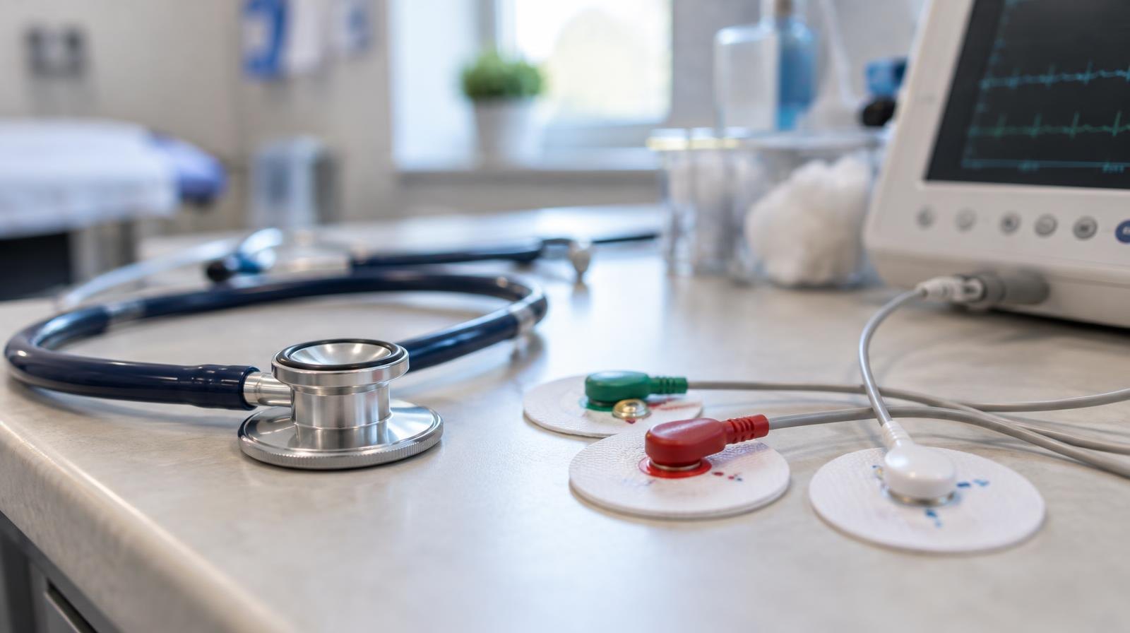 ECG electrode leads and a stethoscope resting on a clean surface.