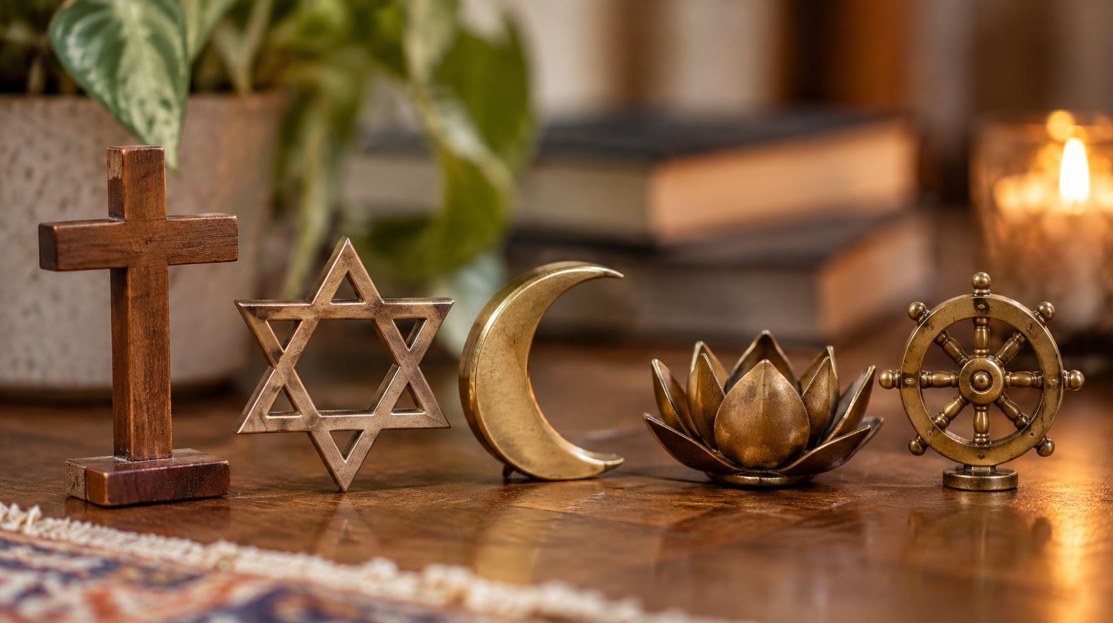 Small religious symbols including a cross, Star of David, crescent, lotus, and dharma wheel on a wooden surface.