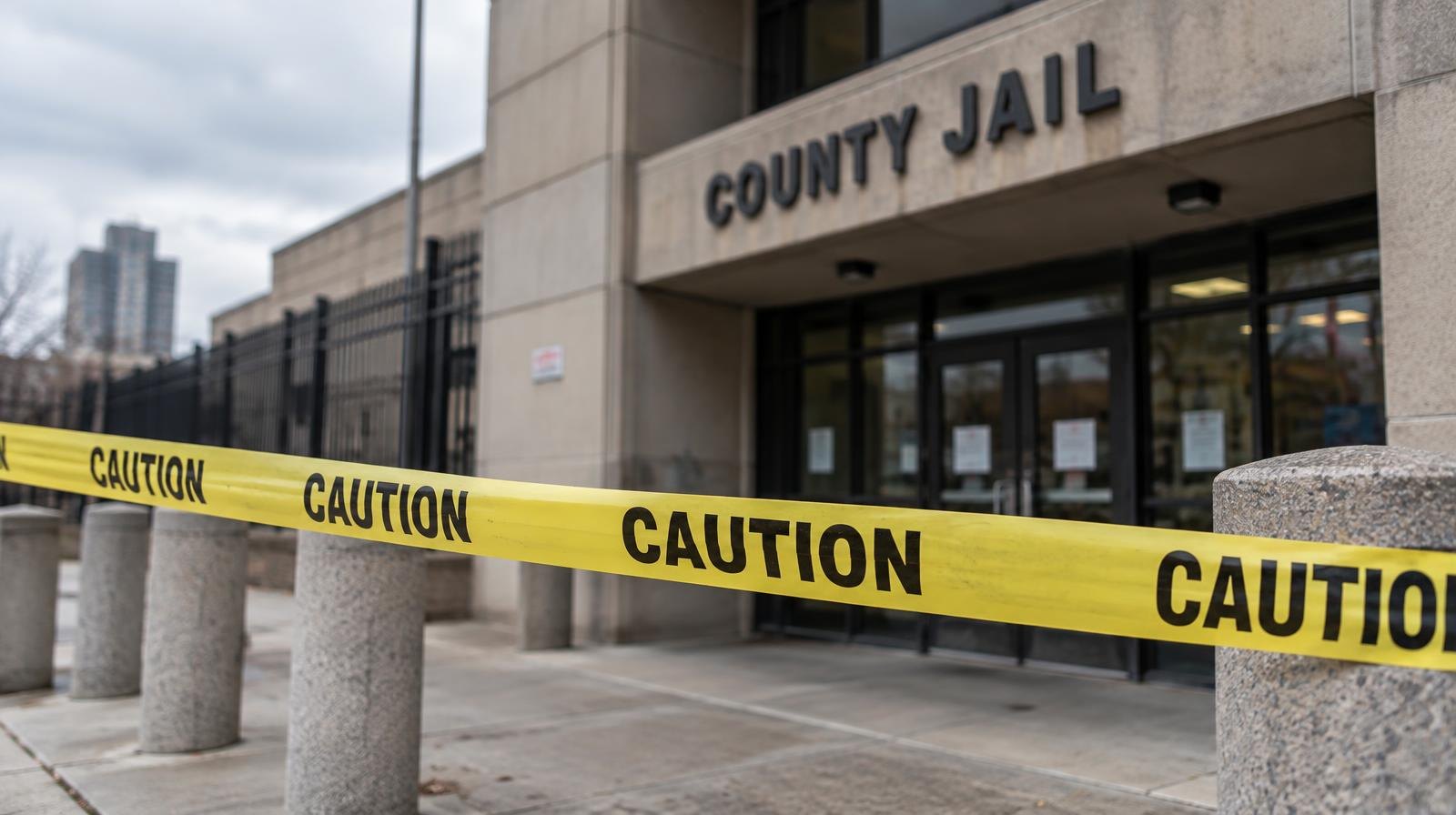 Yellow caution tape stretched across the entrance of an institutional building.