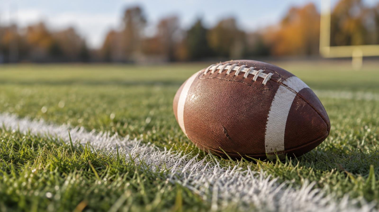 An American football resting on green grass beside a white painted yard line.
