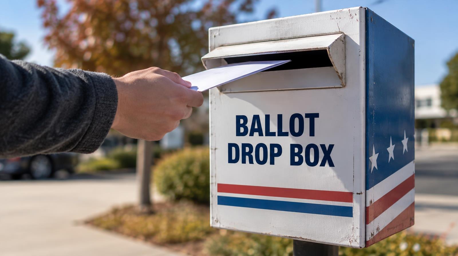 A ballot drop box mounted on a post outdoors under a clear sky.