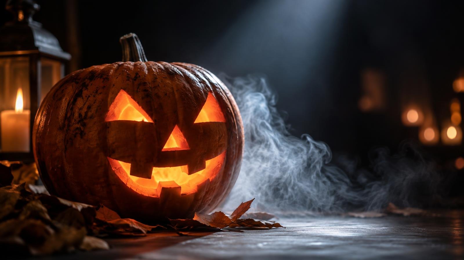 A glowing jack-o'-lantern beside swirling fog under a dramatic spotlight beam in darkness.