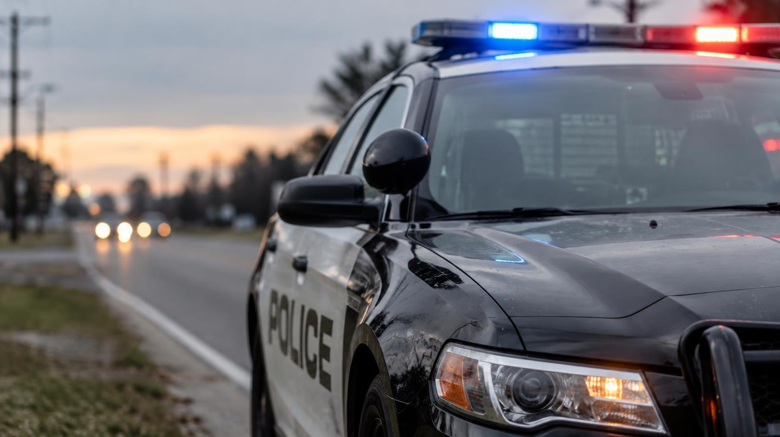 A police patrol car with red and blue roof lights on, parked on a suburban road shoulder at dawn.