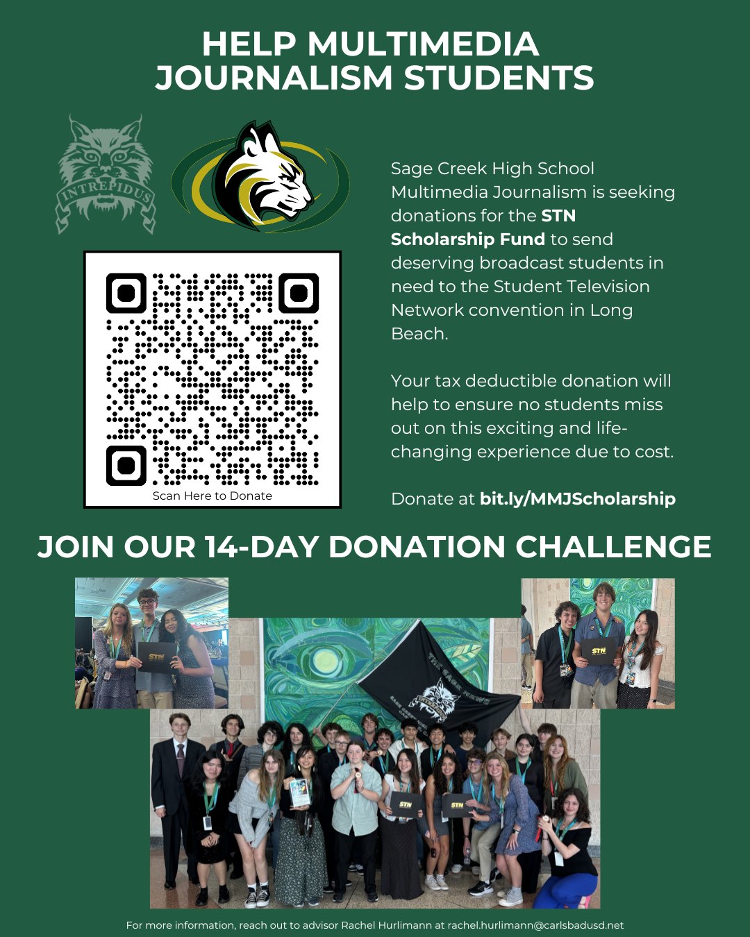 Fundraising flyer with QR code and student group photos for a high school journalism scholarship fund.