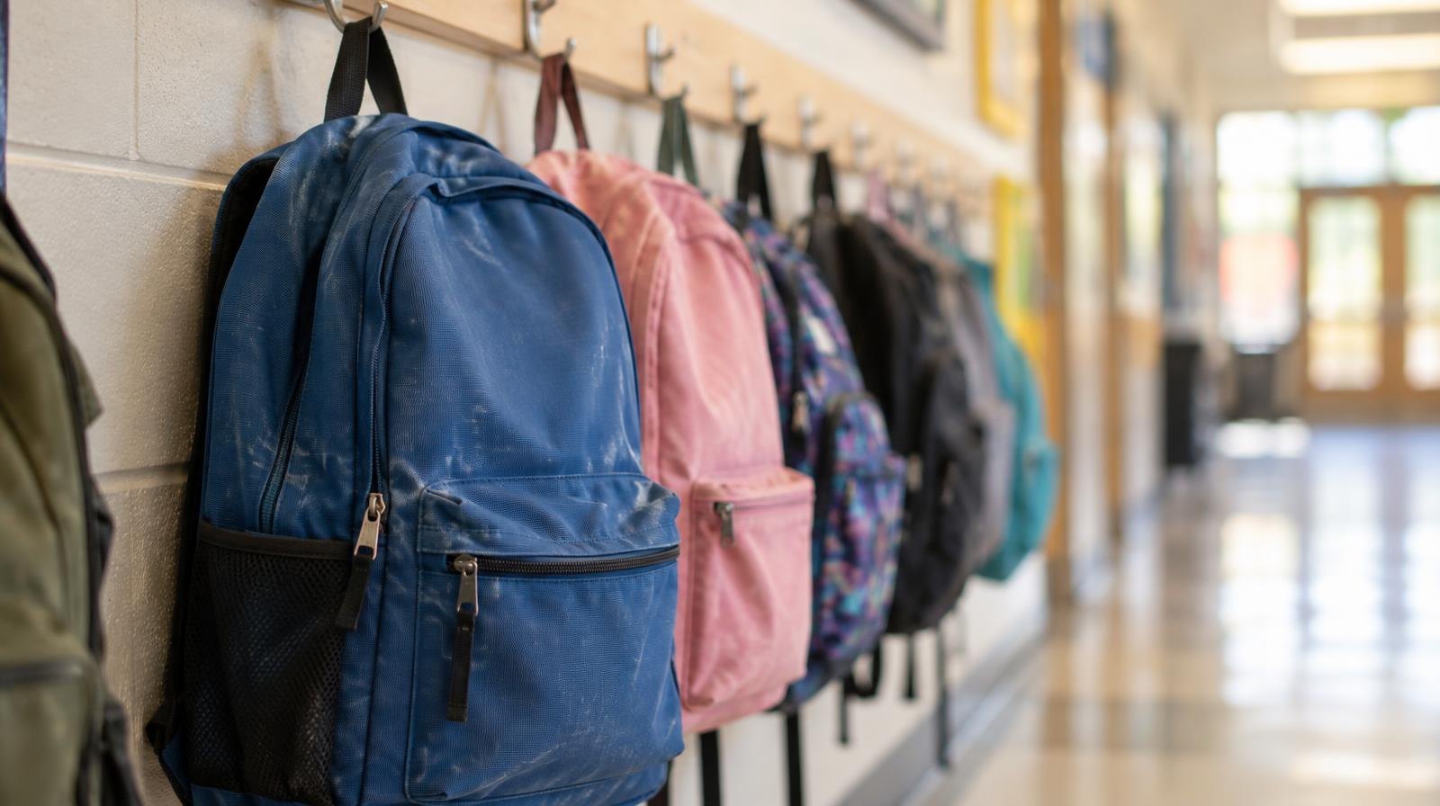 Colorful student backpacks hanging on hooks along a bright school hallway wall.
