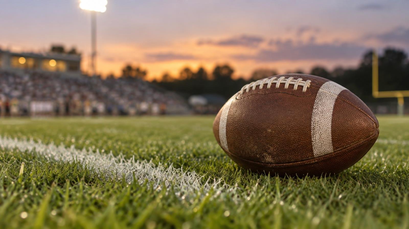 An American football resting on green grass beside a white yard line under warm stadium lighting.