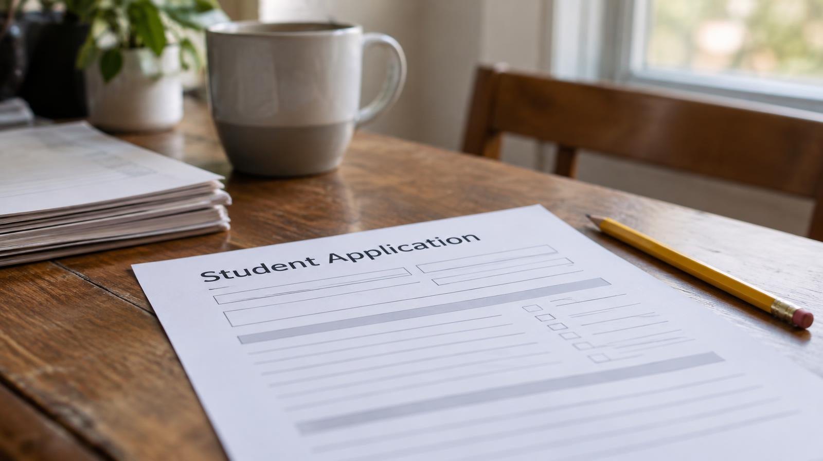 A blank form and pencil on a wooden desk in soft natural light.