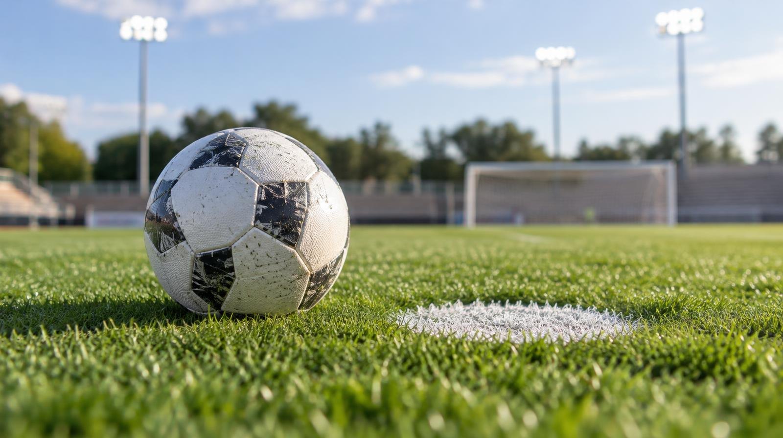 A white soccer ball resting on green turf beside a painted penalty spot.
