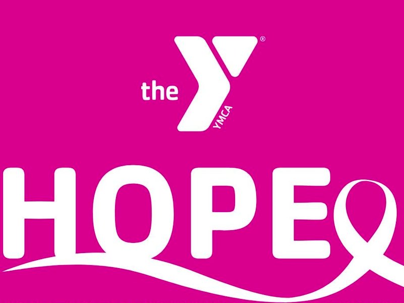 YMCA logo and the word HOPE with a pink ribbon on a bright pink background.