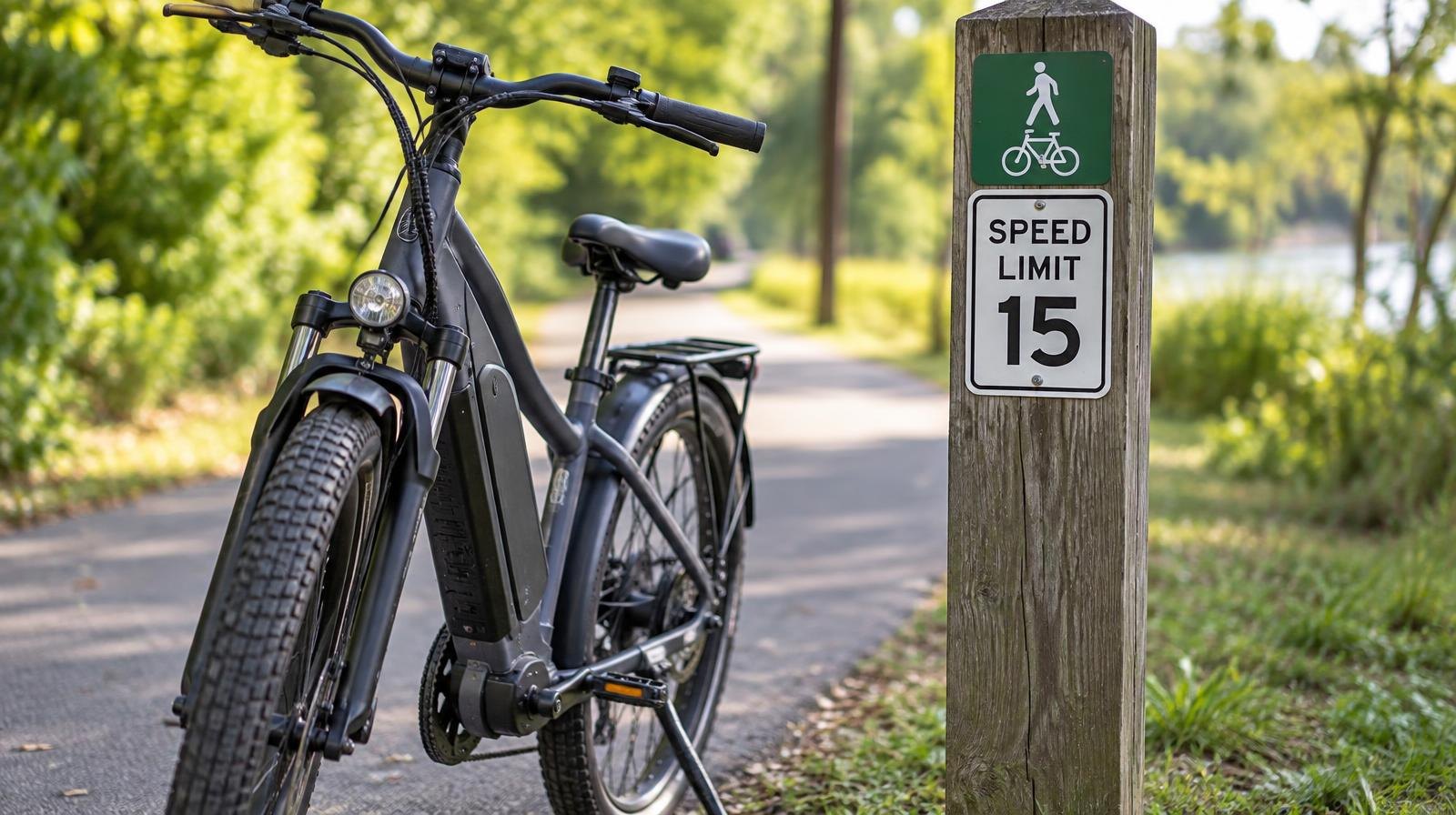 Electric bicycle parked next to a trail speed limit sign on a paved path.