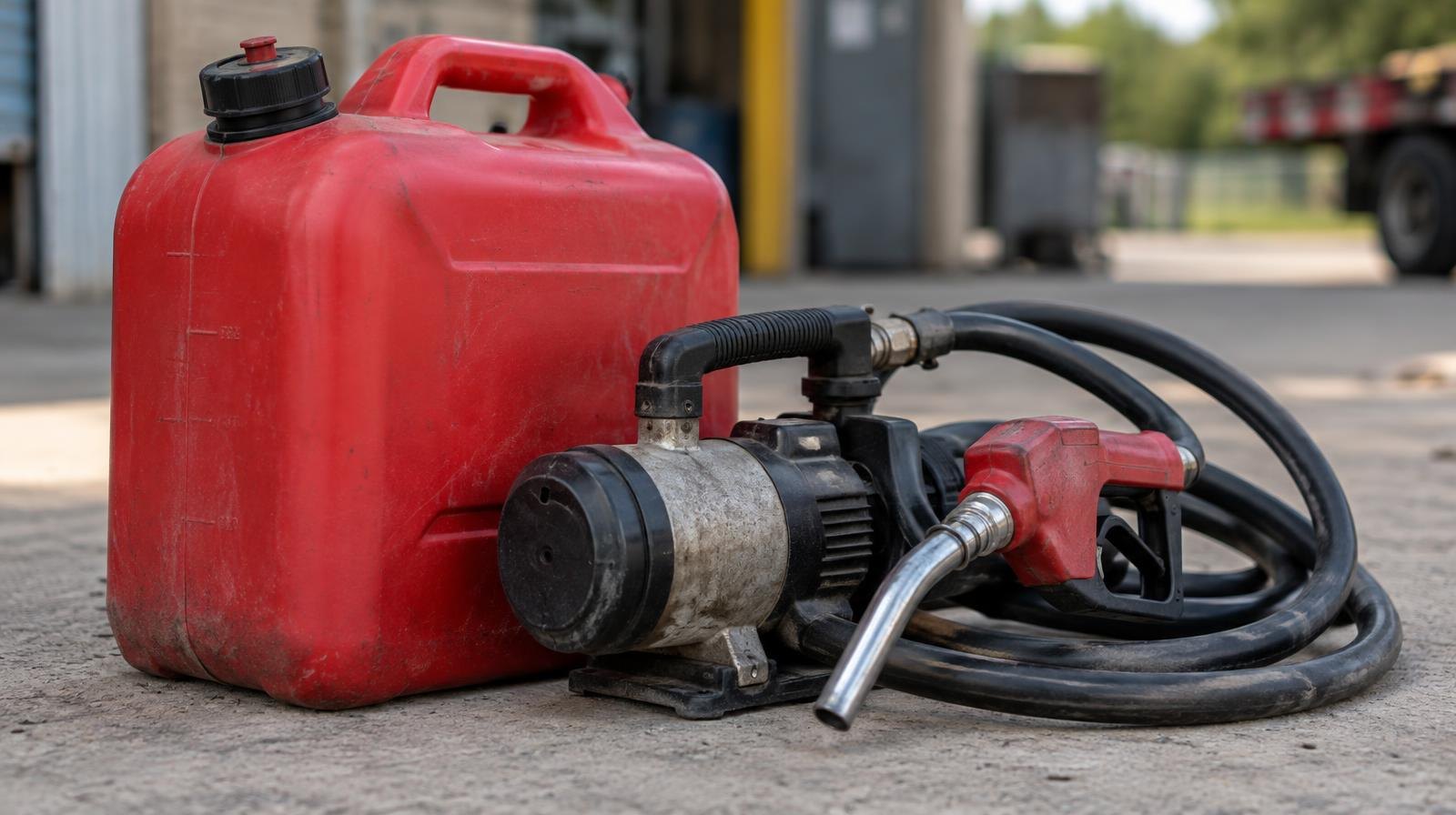 A portable fuel pump and hose beside a large red fuel container on concrete.