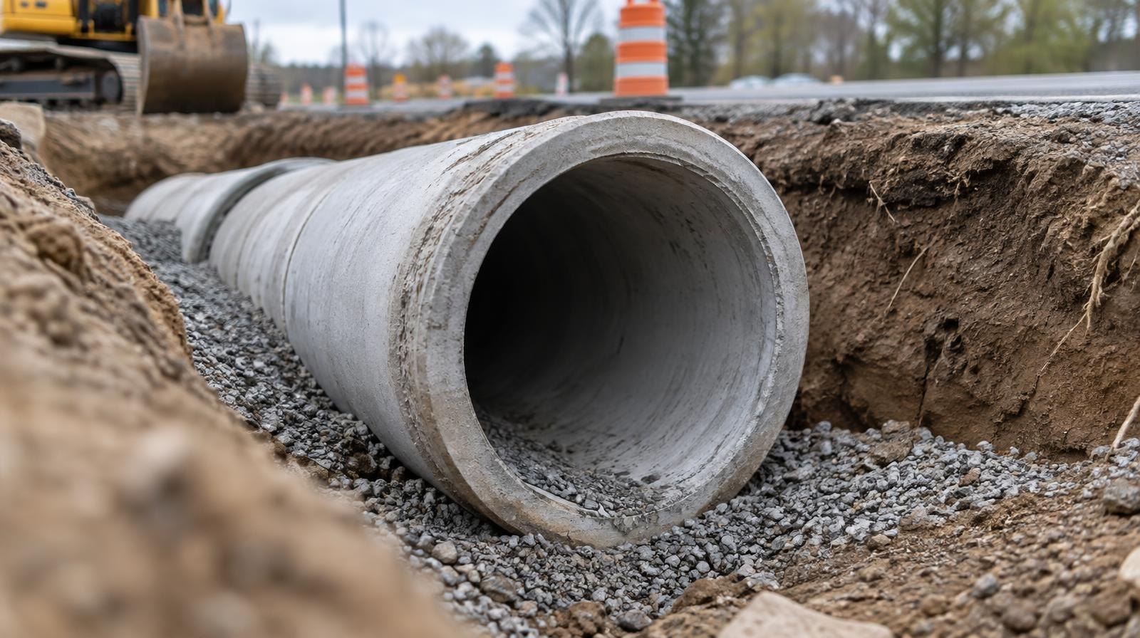 Large concrete drainage pipe partially installed in an excavated trench beside a road.