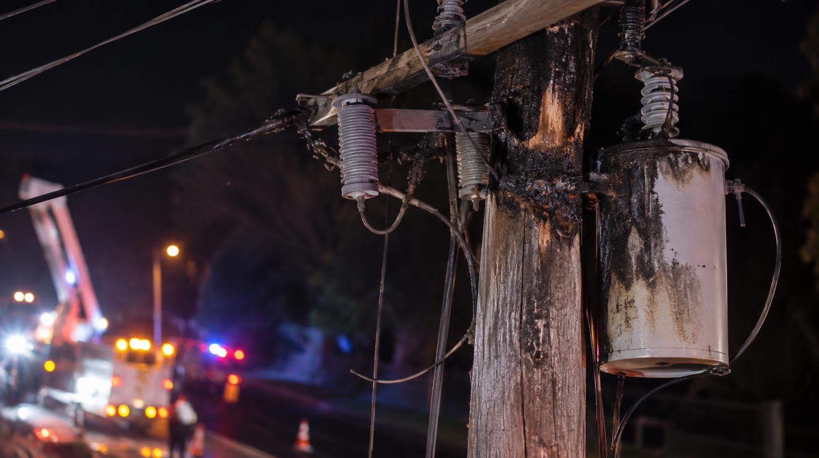 A charred wooden utility pole with electrical equipment at the top, lit by emergency lighting at night.