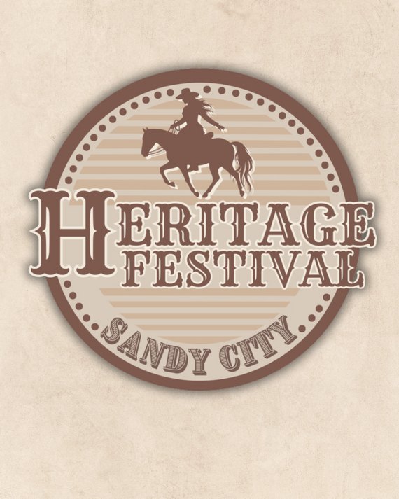 Circular badge logo reading Heritage Festival Sandy City with a horseback rider silhouette.