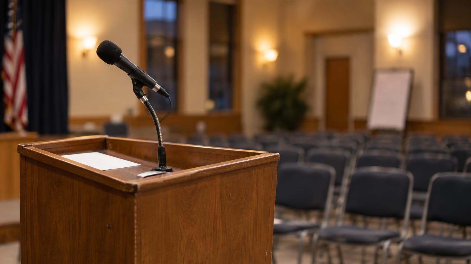 A wooden podium with a microphone on a stage, with rows of empty chairs facing it.