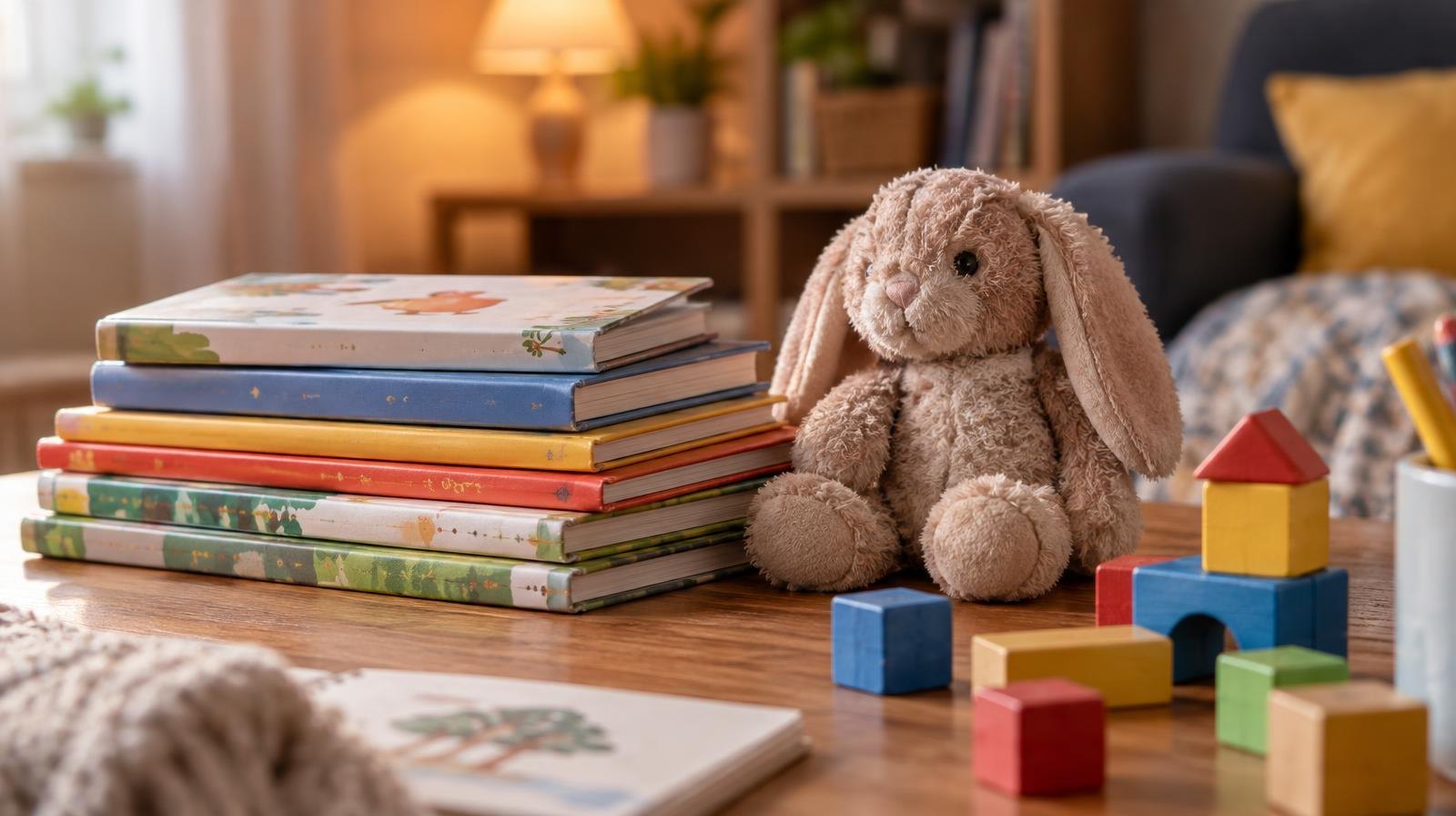 Stack of colorful children's books beside a stuffed animal and building blocks on a wooden table.