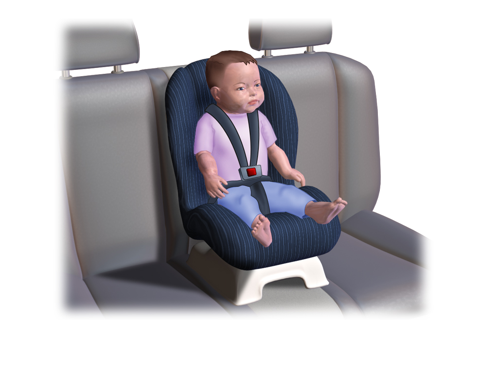 Illustrated child strapped into a forward-facing car seat in a vehicle's rear seat.