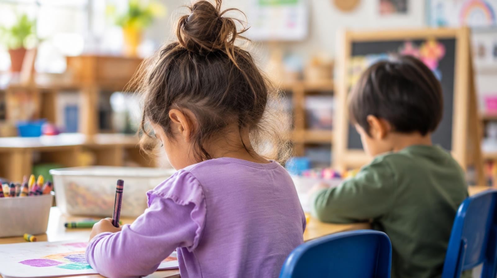 Small children at low tables in a bright preschool classroom with art supplies and learning materials.