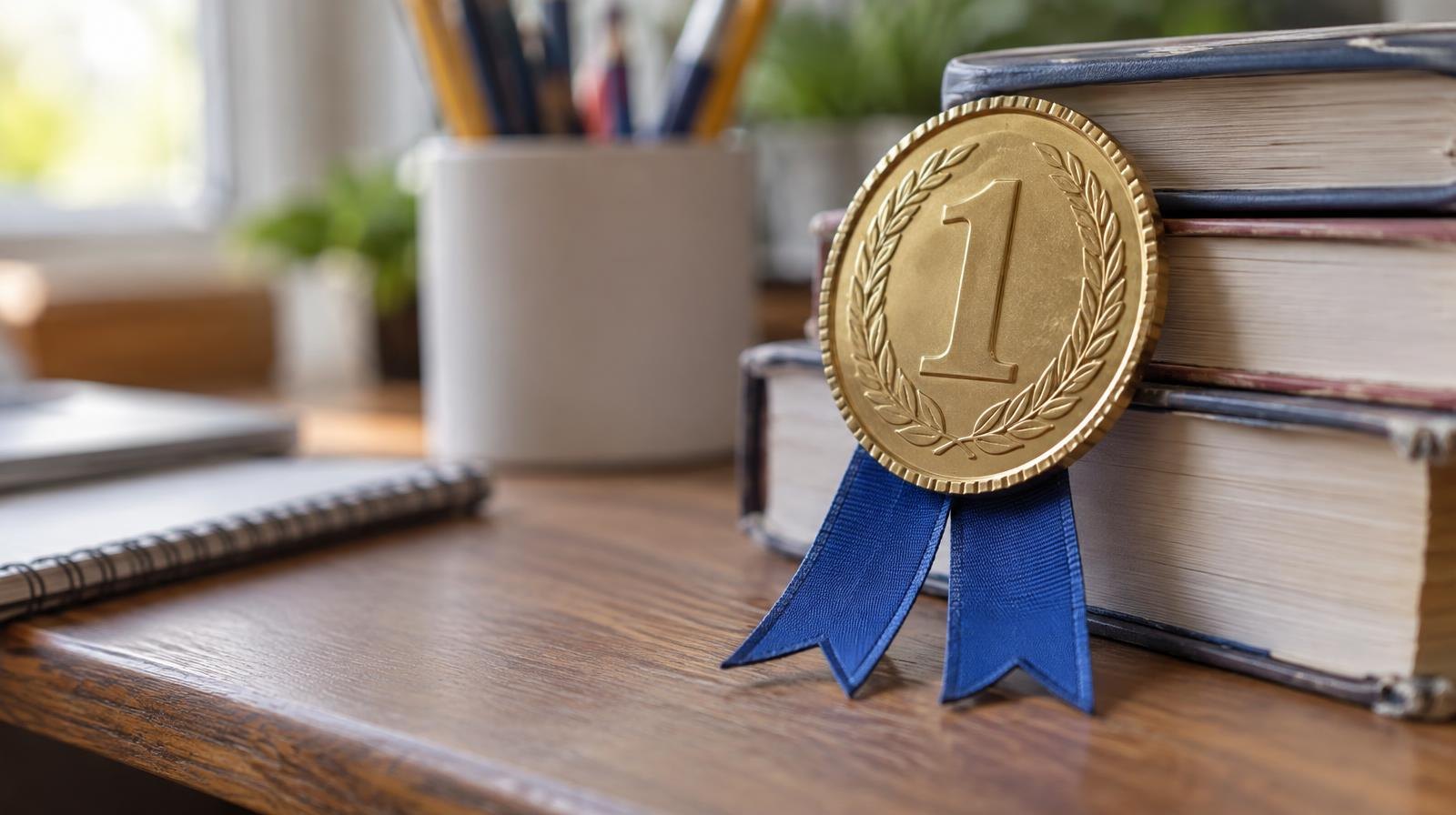 A gold number-one ribbon medal resting on a desk next to stacked textbooks.