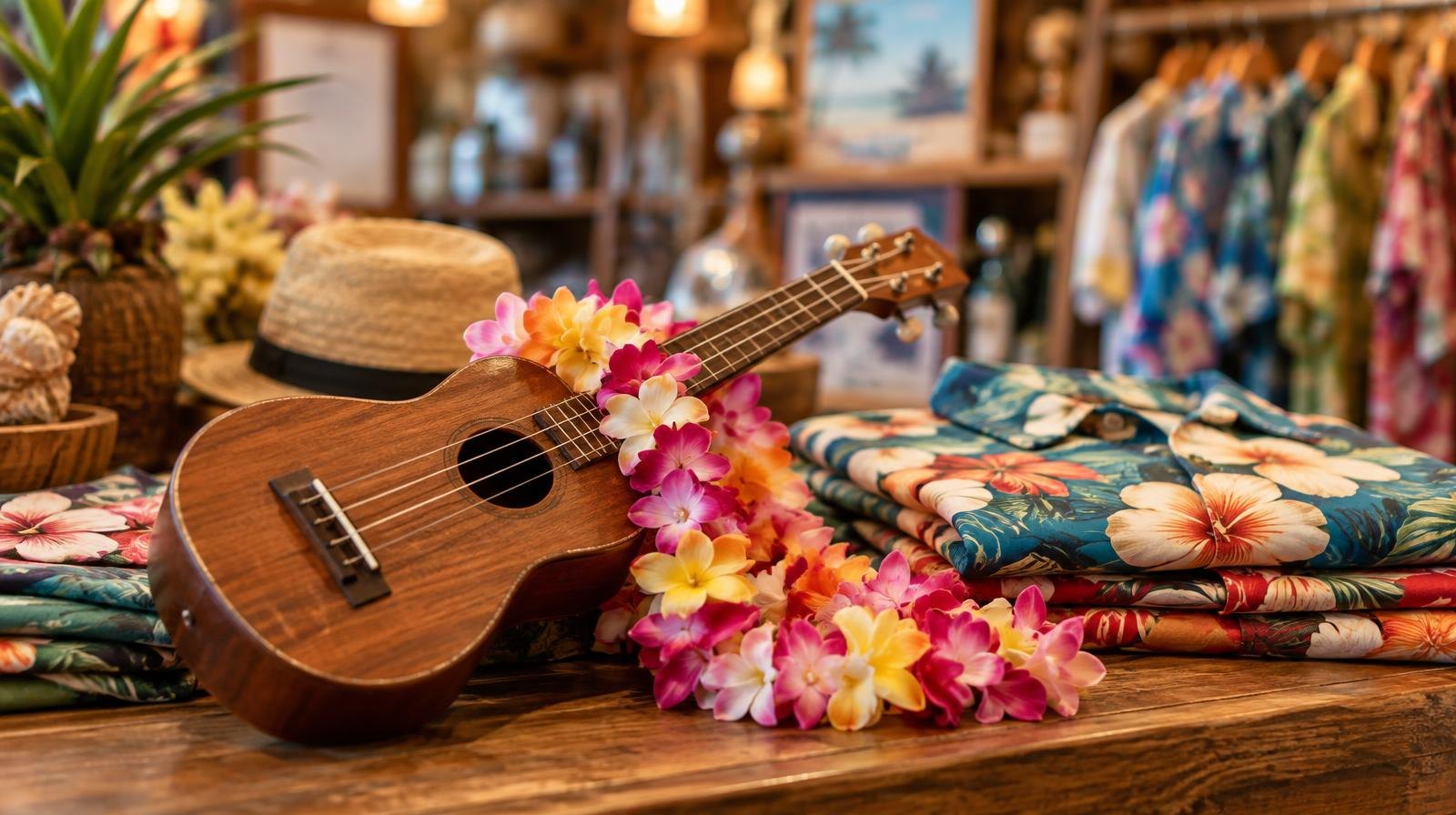 A ukulele, flower lei, and tropical shirts on a wooden retail counter.