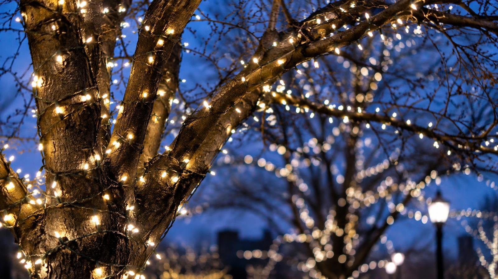 White string lights wrapped around bare tree branches glowing against a blue twilight sky.