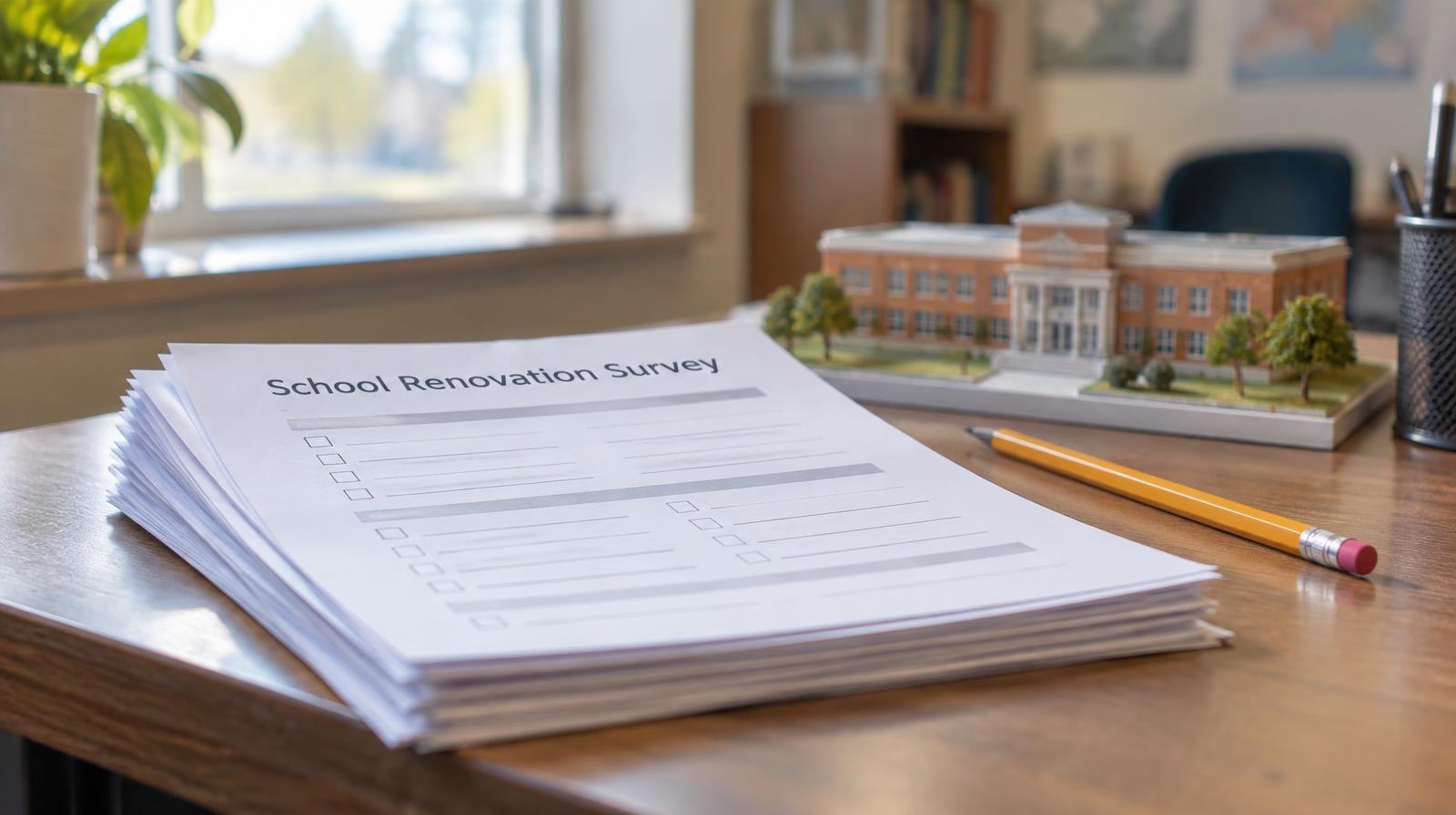 Survey forms stacked on a desk next to a pencil and a small model school building.
