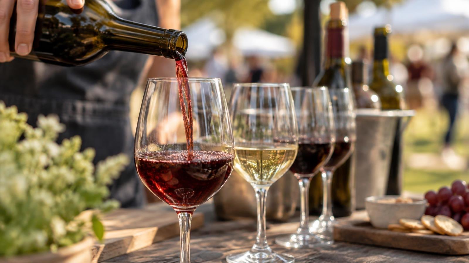 Stemmed wine glasses being filled with red and white wine at an outdoor tasting table.