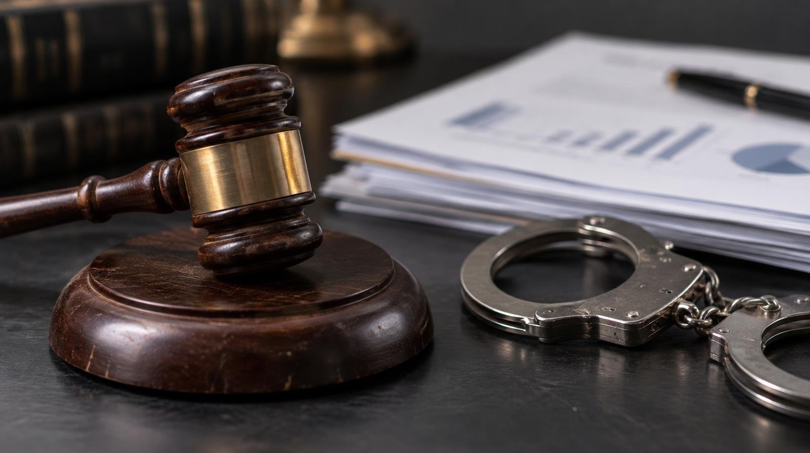 A wooden gavel on its sound block beside steel handcuffs on a dark desk.