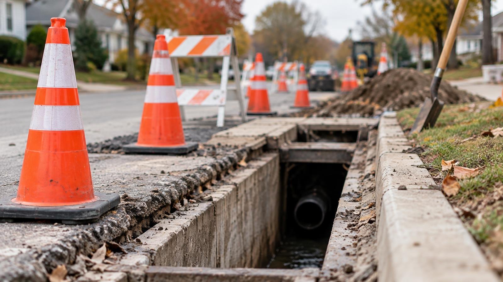 Open trench in a street with orange traffic cones and construction barriers alongside.