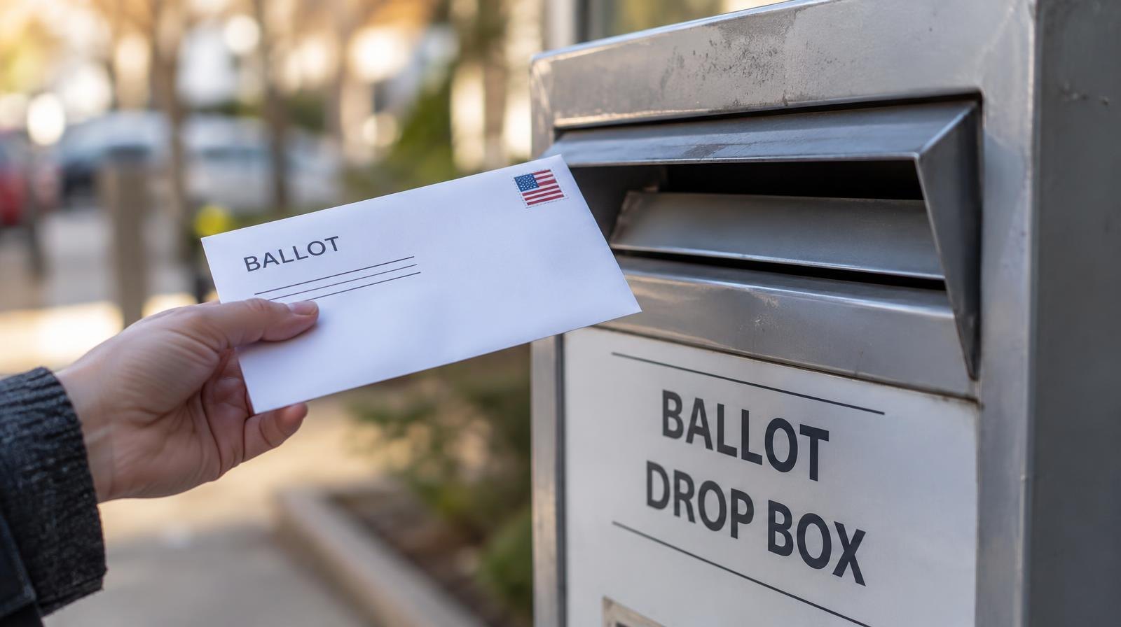 A sealed ballot envelope beside an official drop box slot outdoors.