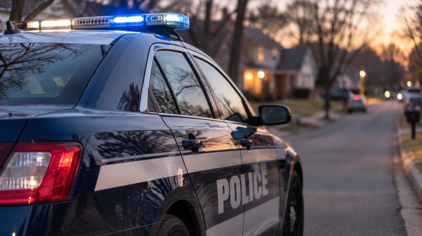 A blue and white police cruiser parked on a quiet suburban street at dusk.